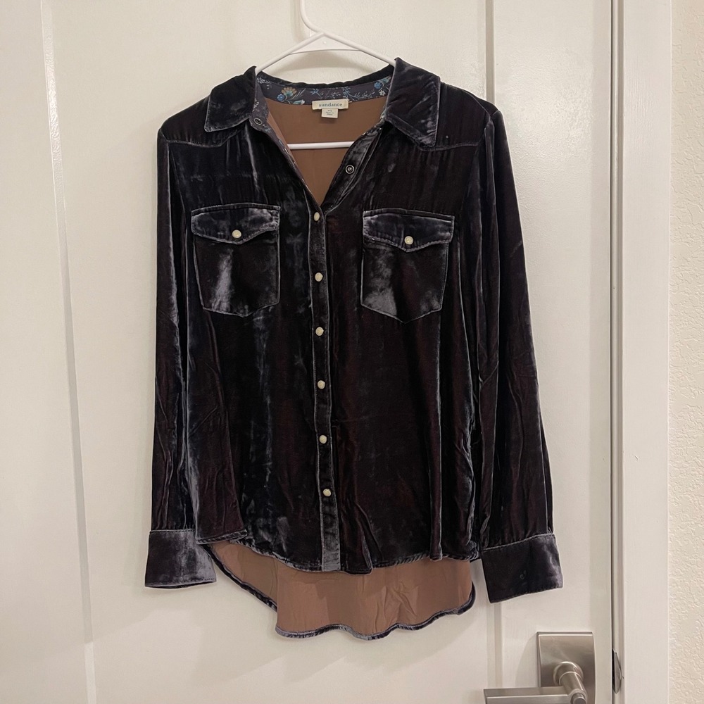 Sundance Silk Blend Velour Purple Pearl Snap Button Up Blouse Oversized Boho